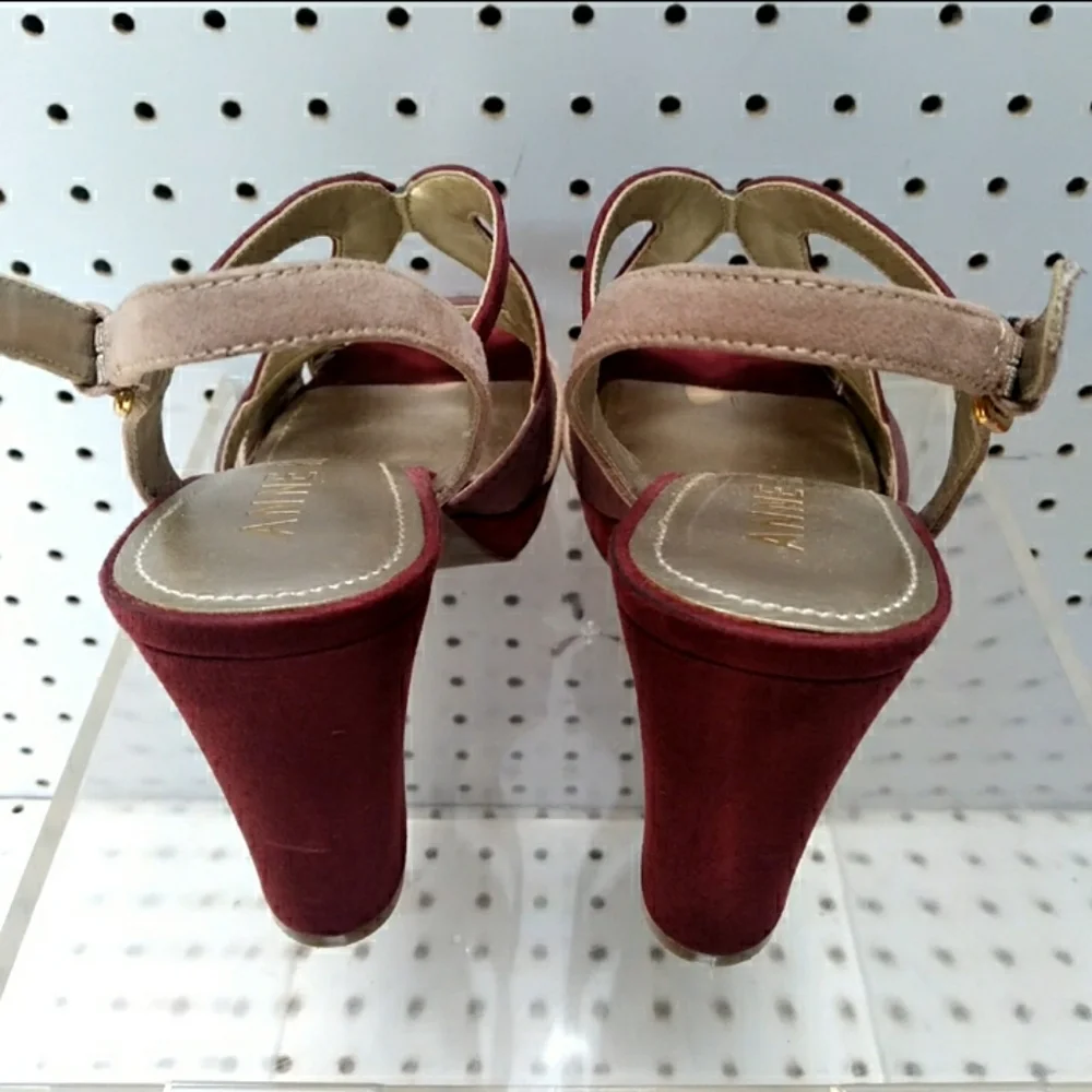 Anne Klein Women Burgundy Sandals Suede Straps Block Chunky Platform Heel Pump