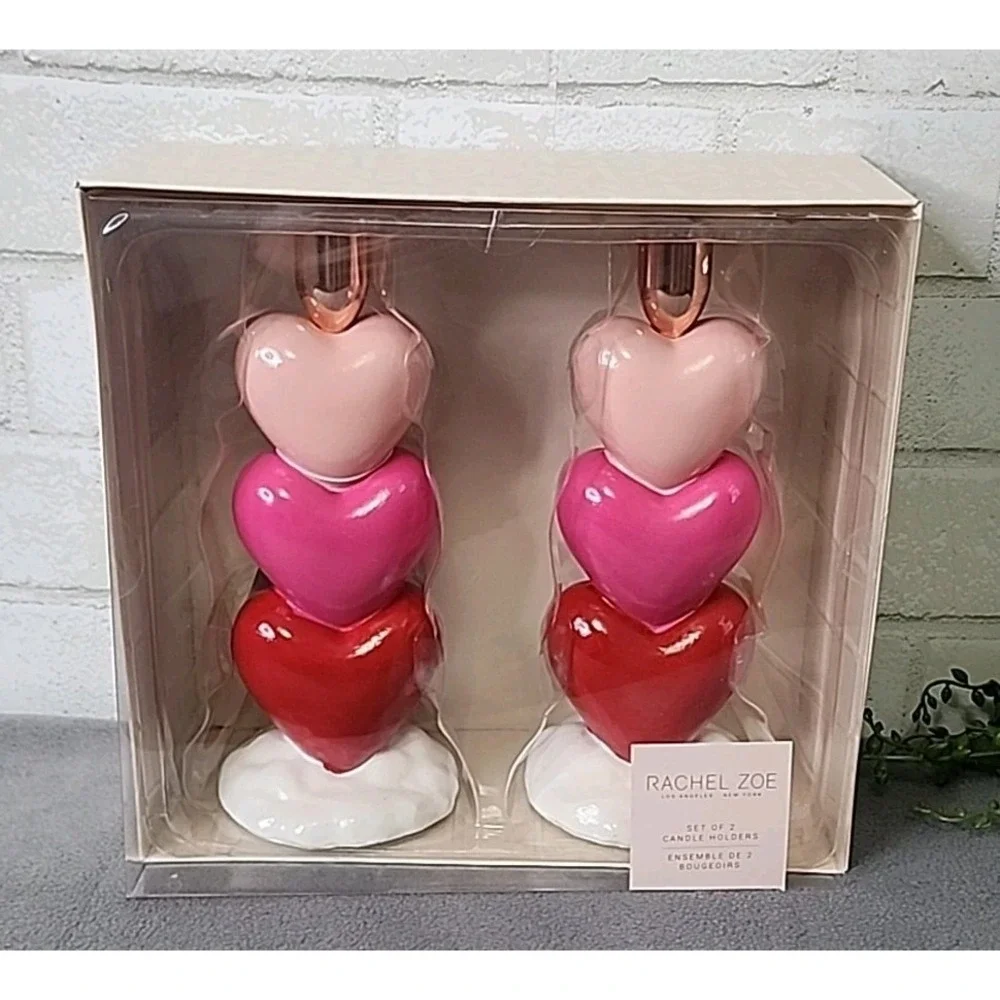 Rachel Zoe Set of‎ 2 Stacked Hearts Pink Red Candle Holders Valentines 8.5