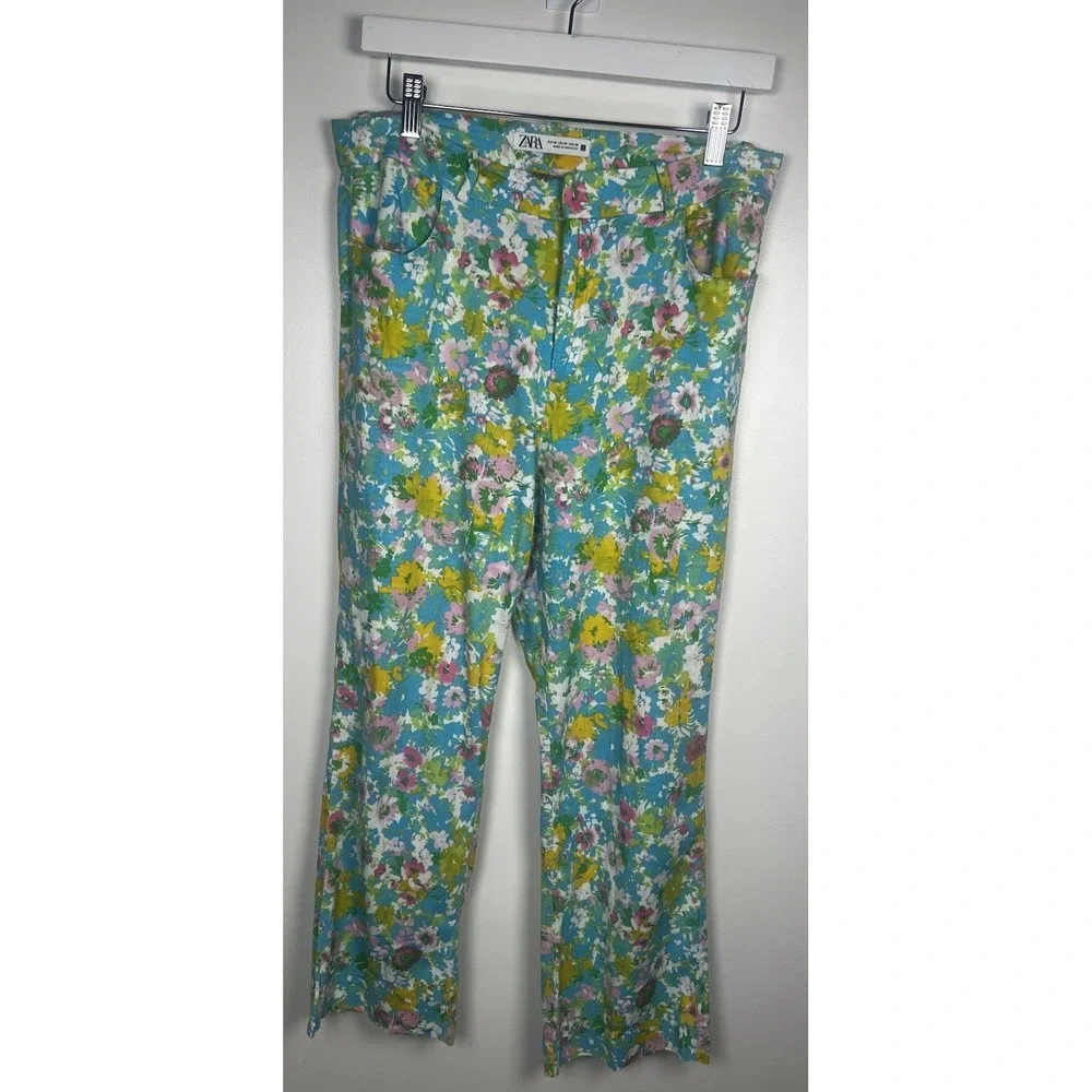 Zara Size 8 Floral Linen Blend Mini Flare‎ Cropped Trouser Pants Spring Beachy