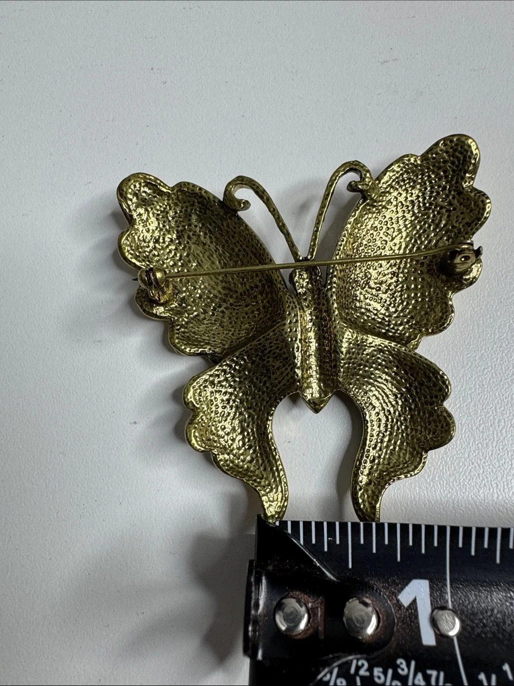 Gold Tone Butterfly Brooch Orange Yellow Enamel Multicolor Rhinestone Statement