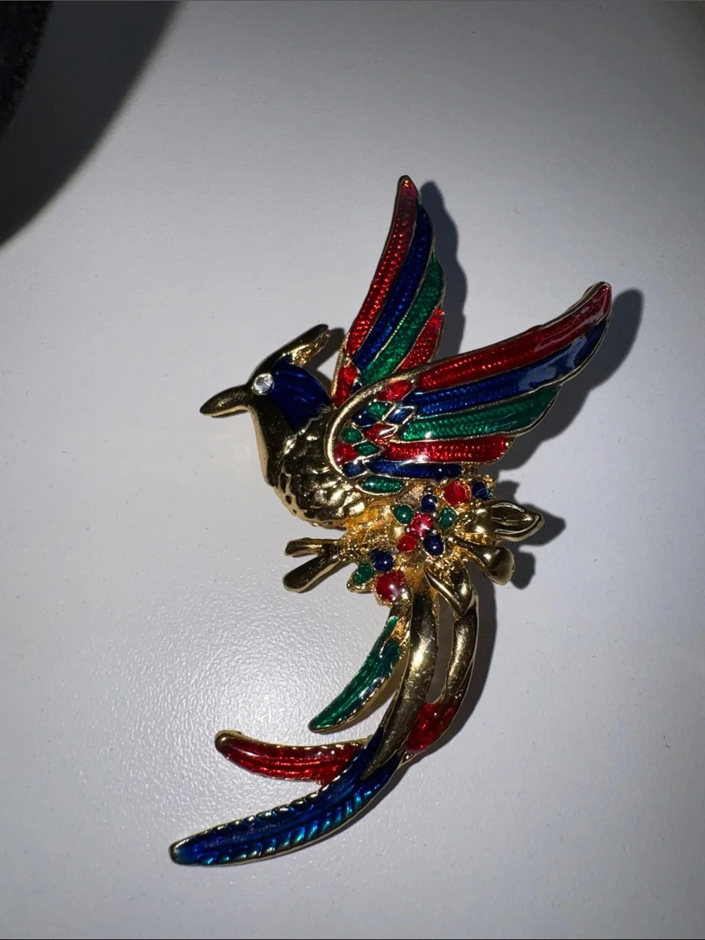Vintage Bird of Paradise Brooch Gold Tone Multicolor Enamel Statement Pin