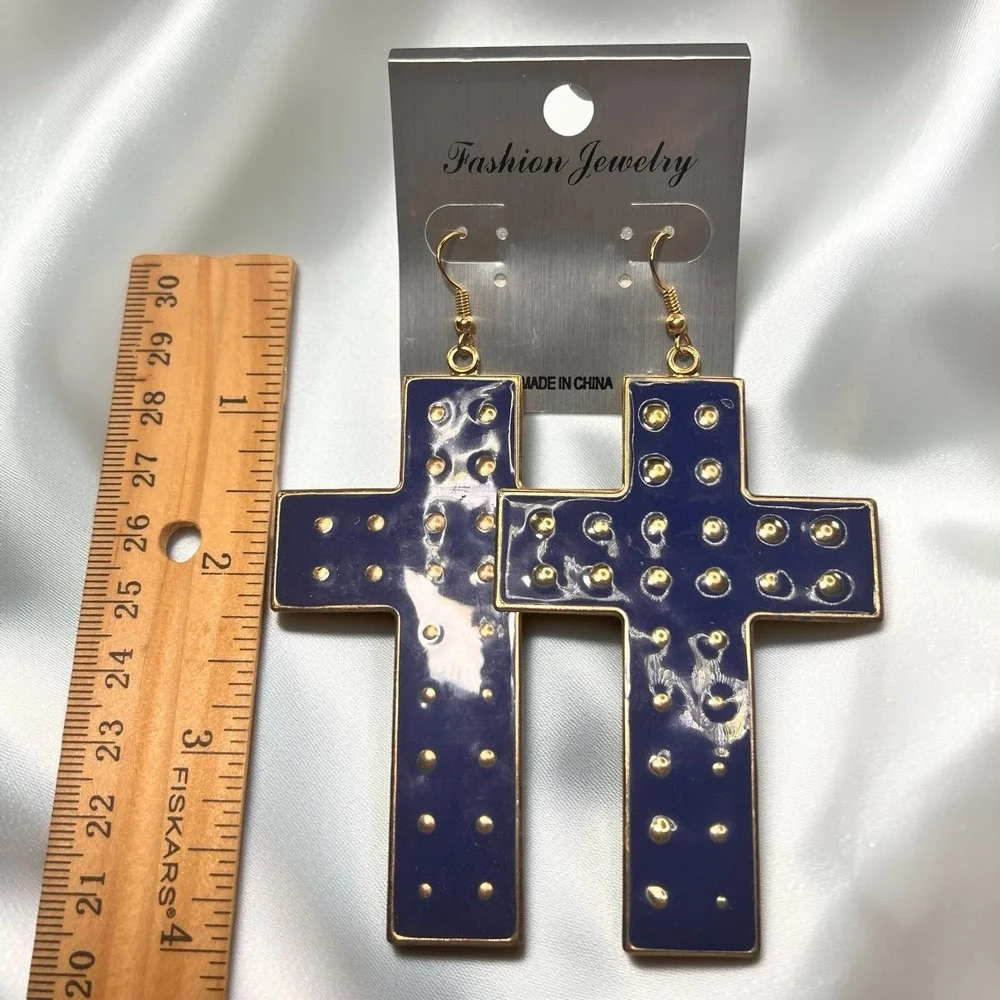 Cross Dangle Drop Earrings Religious Faith Cross Golden Toned Metal Navy Women