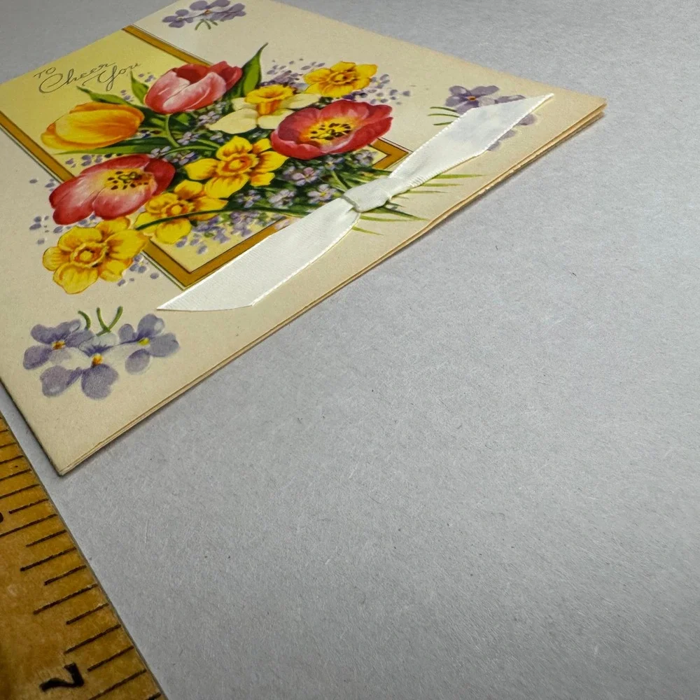 Vintage Get Well‎ Card To Cheer You Floral Tulips Daffodils Embossed Ribbon