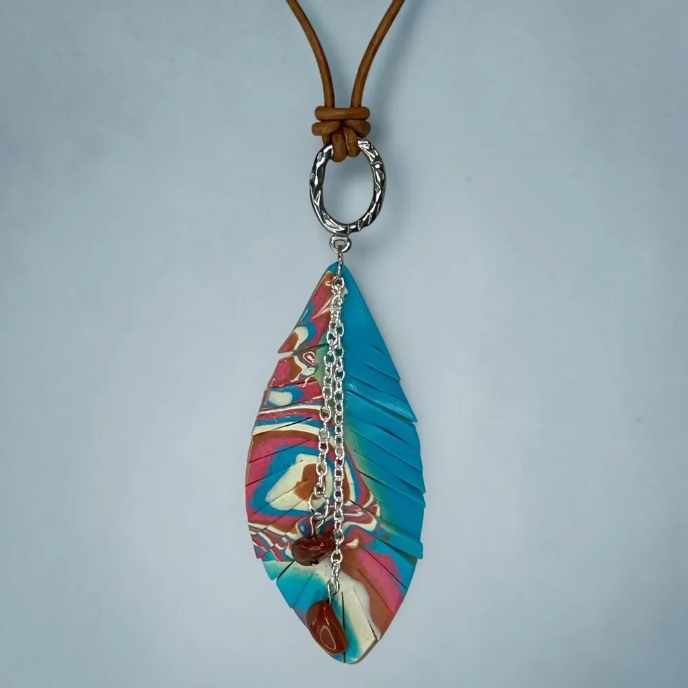 Southwest Turquoise Feather Red Jasper Handmade Polymer Clay Pendant Necklace