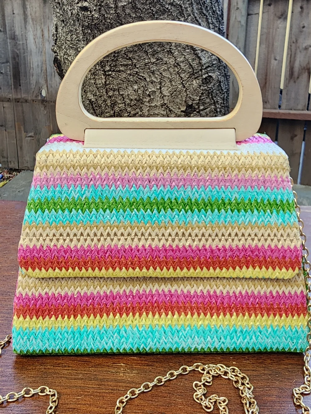 Alessia Bianchi Rainbow Woven Straw Clutch Wood Top Handle Crossbody Bag NWOT
